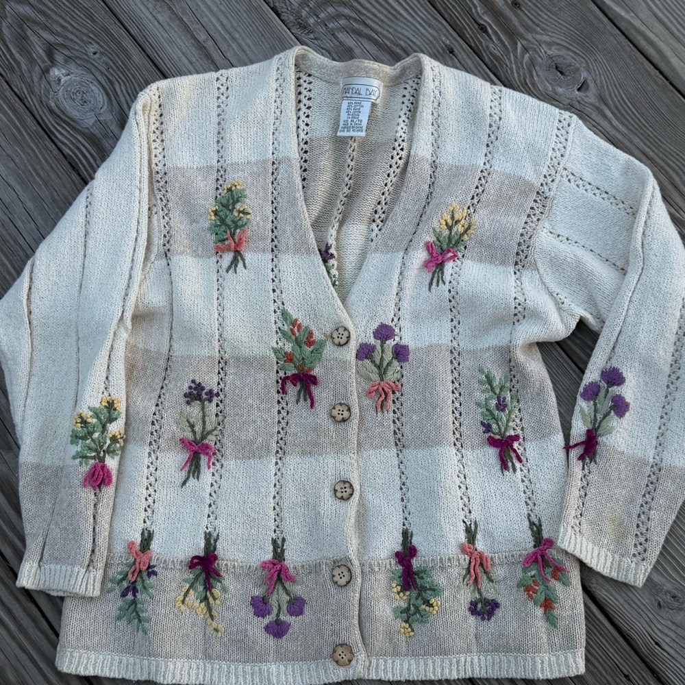 Vintage Mandal Bay Cardigan Sweater Womens xl Cream Knit Floral Cottagecore